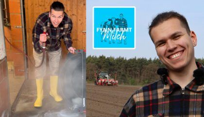 Fynn beim Melken und im Porträt — Motiv zum Podcast „Fynn farmt Milch“